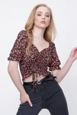 Kadın Desen-3 Gipeli Ön Büzgülü Crop Bluz