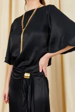 Women's Black 9090 Short-Sleeved Dropped Skirt Satin Set with Gold Buckle