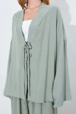 Kadın Haki Önü İp Bağlamalı Kimone Ceket