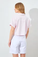 Kadın Toz Pembe Çift Cepli Düşük Kol Crop Gömlek