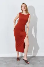 Kadın Kiremit Ön Yırtmaçlı Arkası V Detaylı Askılı Elbise