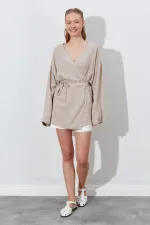 Kadın Koyu Bej Kruvaze Yaka İp Bağlamalı Ceket