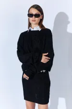 Kadın Siyah Saç Örgülü Etek Kazak Takım