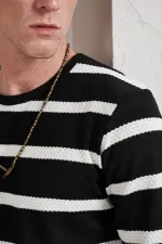 Erkek Siyah Bisiklet Yaka Yatay Çizgili Waffle Sweatshirt