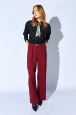Kadın Bordo İçten Kemerli Bol Paça Yün Efekt Pantolon