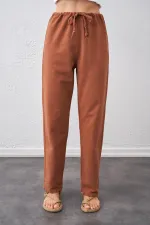 Kadın Kiremit Bel Bağlamalı Bağcıklı Keten Pantolon