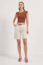 Women's Stone Waist Belted Lycra Gabardine Midi Shorts