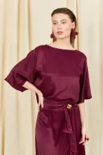 Kadın Mürdüm 9090 Kısa Kollu Düşük Kollu Eteği Gold Tokalı Saten Takım