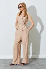 Kadın Vizon Kruvaze Yelekli Biye Bağlamalı Palazzo Pantolonlu Takım