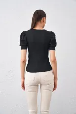 Kadın Siyah Balon Kol Kare Bürümcük Kumaş Bluz