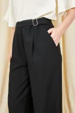 Women's Black 3522 Loose Fit Trousers with Side Buckle