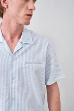 Erkek Mavi Kısa Kollu Apaş Yaka Gofre Flato Çizgili Regular Fit Gömlek