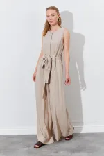 Kadın Koyu Bej Kolsuz Kuşak Bağlamalı Double Paça Tulum