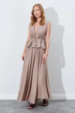 Kadın Vizon Kolsuz Beli Gipeli Fiyonk Desenli Bluz