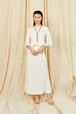 Kadın Krem 9090 Kısa Kollu Düşük Kollu Eteği Gold Tokalı Saten Takım