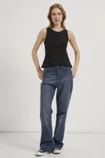 Kadın Siyah Kayık Yaka Bel Oturtmalı Licralı Peplum Bluz