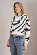 Women's Black Three-Thread Striped Hooded Crop Sweatshirt