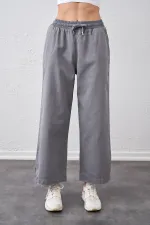 Kadın Gri Beli Bağlamalı Geniş Piş Dikişli Paça Pantolon