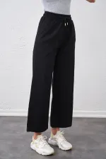 Kadın Siyah Beli Bağlamalı Geniş Piş Dikişli Paça Pantolon