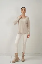 Kadın Taş Melanj V Yaka Salaş Triko Kazak