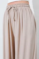 Kadın Koyu Bej Beli Lastikli Palazzo Keten Pantolon