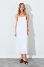 Kadın Ekru İp Askılı Kırışık Uzun Elbise