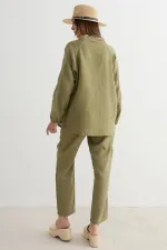 Women's Khaki Elastic Waist Carrot Leg Muslin Pants