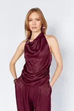 Kadın Mürdüm 9087 Yaka Bağlamalı Gold Tokalı Şalvar Pantolonlu Saten Takım