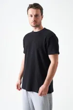 Erkek Siyah Bisiklet Yaka Önü Karyola Waffle Basic Tişört