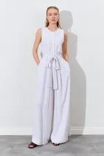 Kadın Naturel Kolsuz Kuşak Bağlamalı Double Paça Tulum