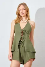 Kadın Haki Önü İp Bağlamalı Müslin Kumaş Bluzlu Şortlu Takım