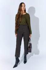 Kadın Kahve Beli Düğmeli Çift Dikişli Pantolon