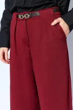 Kadın Bordo İçten Kemerli Bol Paça Yün Efekt Pantolon