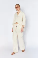 Kadın Ekru İçi Astarlı Bel Bağlamalı Pantolon