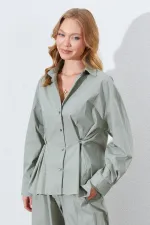 Kadın Çağla Bel Oturtmalı Bel Düğme Detaylı Gömlek