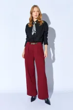 Kadın Bordo İçten Kemerli Bol Paça Yün Efekt Pantolon