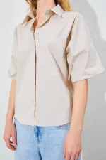 Kadın Taş Düşük Kol Tek Cepli Gömlek