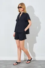 Kadın Siyah Oversize Düşük Kol Gömlek Şortlu Takım