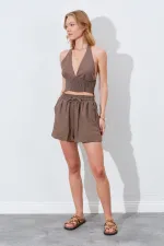Kadın Vizon Crop Bluz Şort Keten Takım