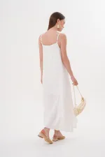 Kadın Ekru İp Askılı Yanı Yırtmaçlı Müslin Uzun Elbise