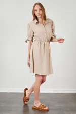Kadın Bej Kolları Bağlamalı Poplin Elbise