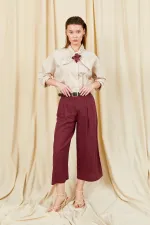 Women's Burgundy Double Pleated Bemuda Linen Trousers with Belt Detail