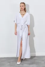 Kadın Naturel Düşük Kol Beli Tünel Kemerli Keten Uzun Elbise