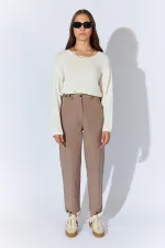 Kadın Vizon Beli Düğmeli Çift Dikişli Pantolon