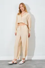 Kadın Bej Paça Düğmeli Modal Kumaş Pantolon