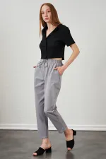 Kadın Gri Beli Bağlamalı Havuç Paça Poplin Pantolon