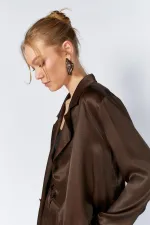 Women's Coffee Gold Single Button Flush Satin Jacket