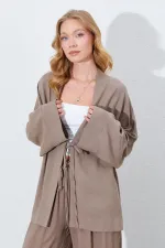 Kadın Toprak Önü İp Bağlamalı Kimone Ceket