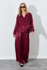 Kadın Bordo Beli İnce Lastik Detaylı Saten Pantolon