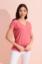 T-shirt ample à col en V rose pour femme